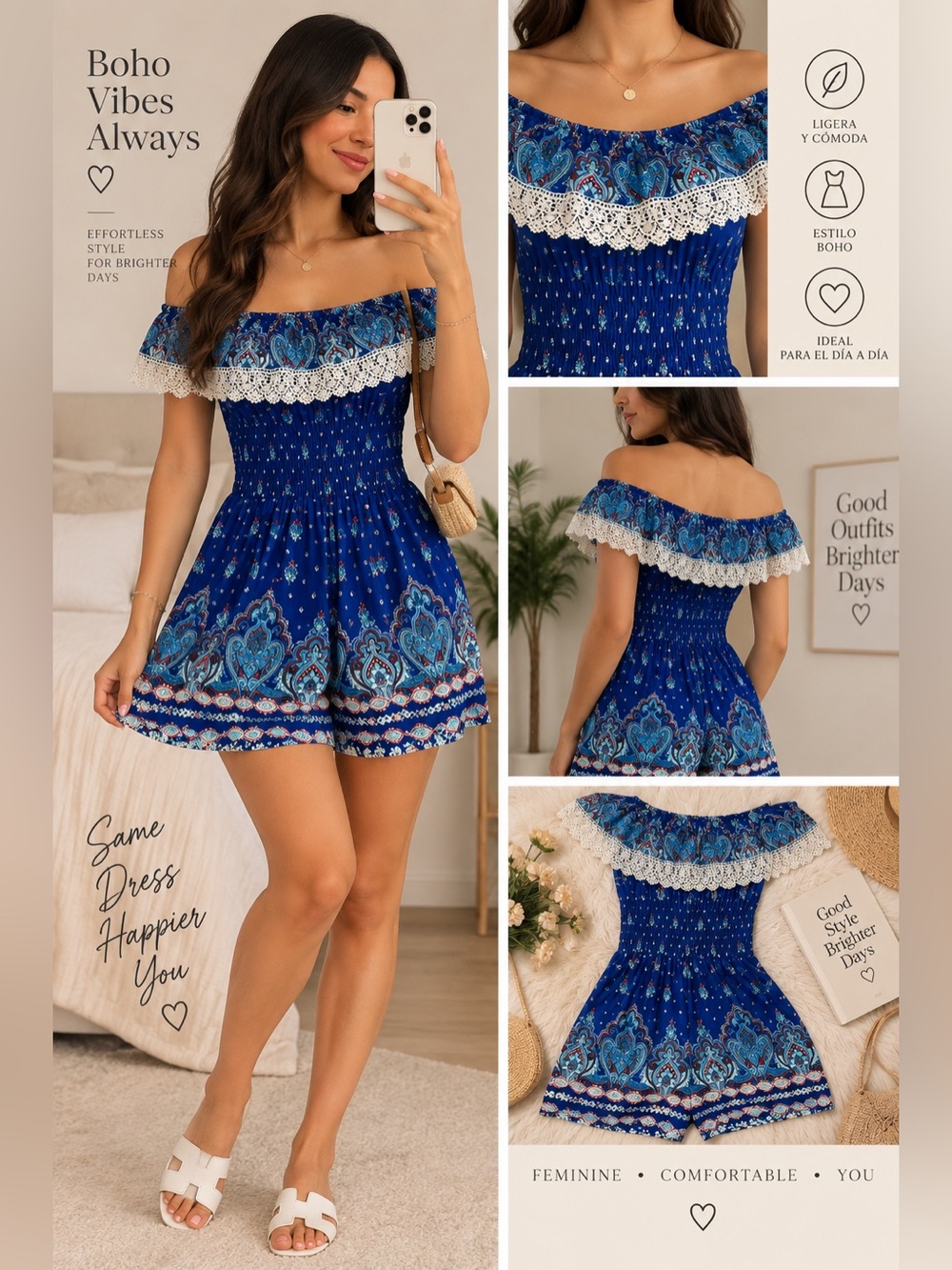 Off-Shoulder Blue Boho Romper with Lace Trim